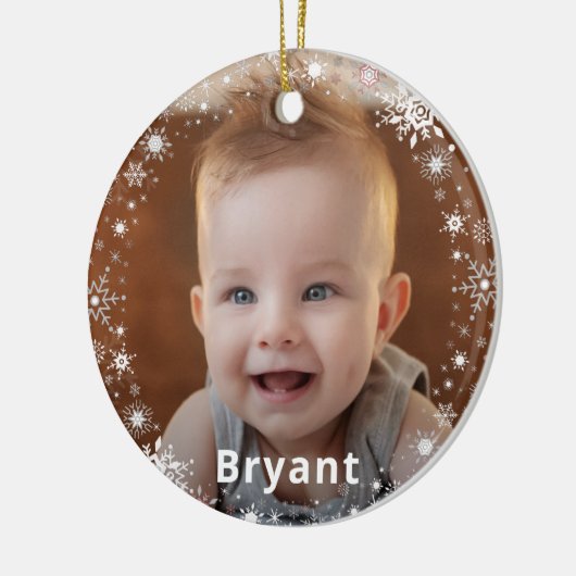 スノーフレークベビーフォト初めてのクリスマスズホリデー セラミックオーナメント (左)