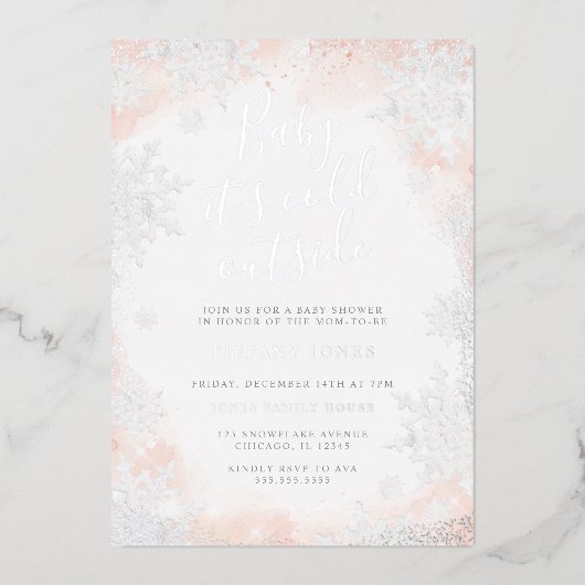 スノーフレークベビー外は寒いベビーシャワー 箔招待状 (正面)