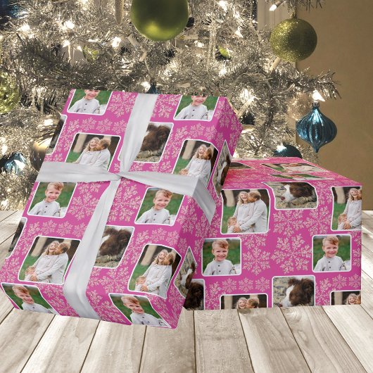 スノーフレークベリきらきら光るー3フォトコラージュクリスマス ラッピングペーパー