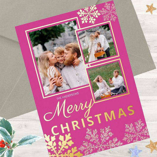 スノーフレークベリきらきら光るー3フォトコラージュ金ゴールド 箔シーズンカード