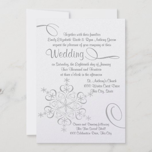 スノーフレークホワイトエレガンスウィンターウェディング 招待状 (正面)
