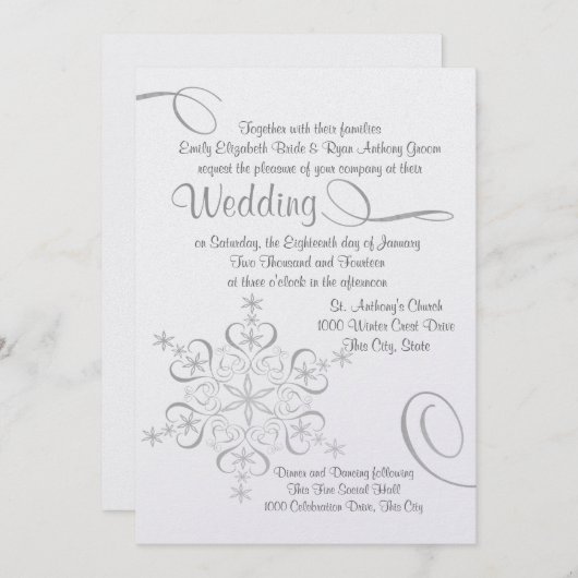 スノーフレークホワイトエレガンスウィンターウェディング 招待状 (正面/裏面)