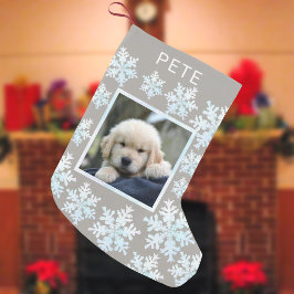 スノーフレークホワイトオパールおもしろいキッズまたはペット写真 スモールクリスマスストッキング