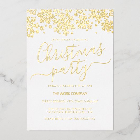 スノーフレークホワイト金ゴールド企業のクリスマスパーティー 箔招待状 (正面)