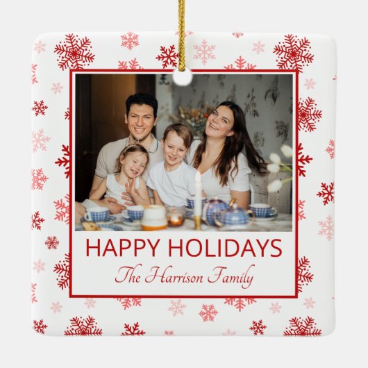スノーフレークホワイト2写真ハッピーホリデーズファミリー セラミックオーナメント (裏面)