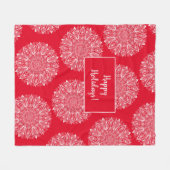 スノーフレークマンダラパターンハッピーホリデーレッドウィンター フリースブランケット (正面(横))