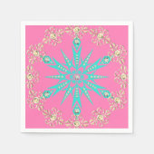 スノーフレークミッドセンチュリーターコイズピンクヴィンテージ スタンダードカクテルナプキン (正面)