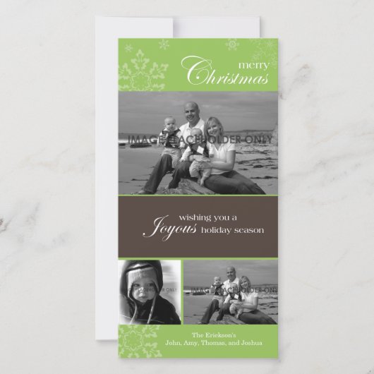 スノーフレークメリークリスマスグリーンフォトカード シーズンカード (正面)