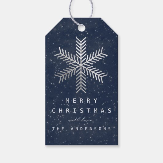 スノーフレークメリーシルバーブルーネイビーへのホリデーギフト ギフトタグ (正面)