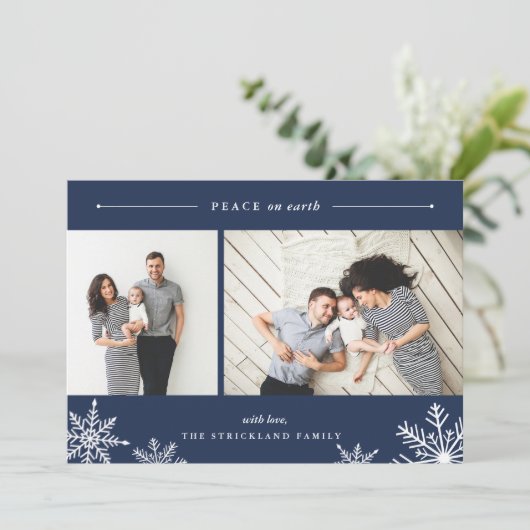 スノーフレークメリーホリデーフォトカード |ネイビー シーズンカード (スタンド正面)