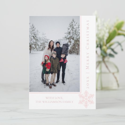スノーフレークモダンクリスマスフォトカード |ピンク シーズンカード (スタンド正面)