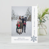 スノーフレークモダンクリスマスフォトカード |青 シーズンカード (スタンド正面)