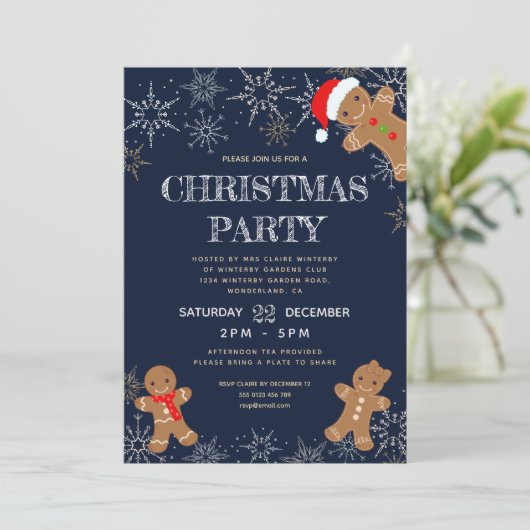 スノーフレークモダンネイビーのクリスマスパーティー 招待状 (スタンド正面)