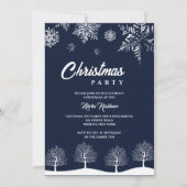 スノーフレークモダンパインネイビーウィンタークリスマスパーティー 招待状 (正面)