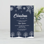 スノーフレークモダンパインネイビーウィンタークリスマスパーティー 招待状 (スタンド正面)