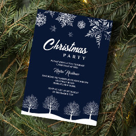 スノーフレークモダンパインネイビーウィンタークリスマスパーティー 招待状