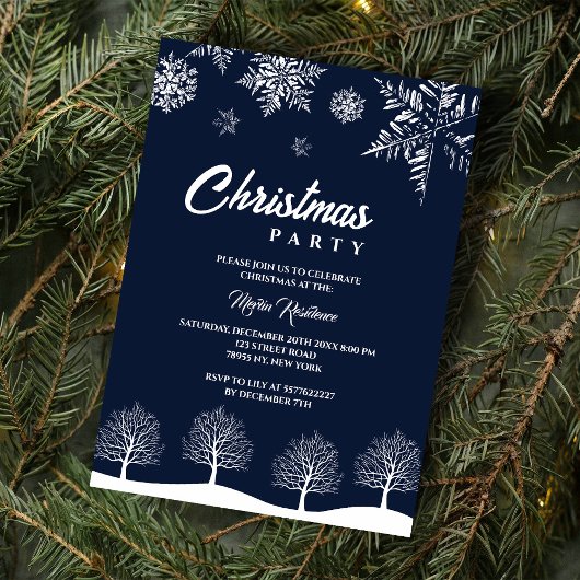 スノーフレークモダンパインネイビーウィンタークリスマスパーティー 招待状