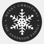 スノーフレークモダンブラックホリデーステッカー ラウンドシール (正面)