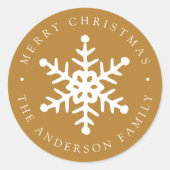 スノーフレークモダン金ゴールドホリデーステッカー ラウンドシール (正面)