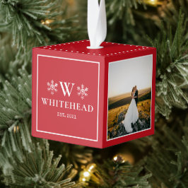 スノーフレークモノグラム素朴フォトレッド キューブオーナメント