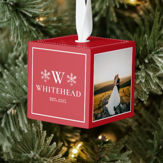 スノーフレークモノグラム素朴フォトレッド キューブオーナメント (ツリー)