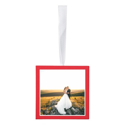 スノーフレークモノグラム素朴フォトレッド キューブオーナメント (右)