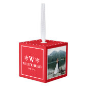 スノーフレークモノグラム素朴フォトレッド キューブオーナメント (裏面アングル)