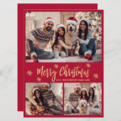 スノーフレークレッドと金ゴールド4フォトコラージュクリスマス シーズンカード (正面/裏面)