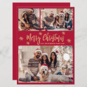 スノーフレークレッドと金ゴールド4フォトコラージュクリスマス シーズンカード (正面/裏面)