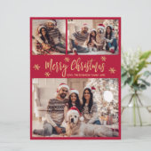 スノーフレークレッドと金ゴールド4フォトコラージュクリスマス シーズンカード (スタンド正面)