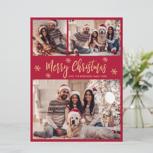 スノーフレークレッドと金ゴールド4フォトコラージュクリスマス シーズンカード (スタンド正面)