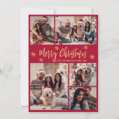 スノーフレークレッドと金ゴールド5フォトコラージュクリスマス シーズンカード (正面)