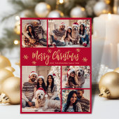 スノーフレークレッドと金ゴールド5フォトコラージュクリスマス シーズンカード