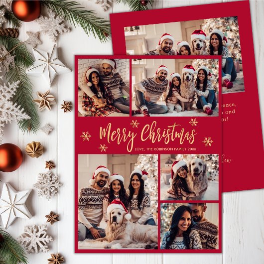 スノーフレークレッドと金ゴールド5フォトコラージュクリスマス シーズンカード