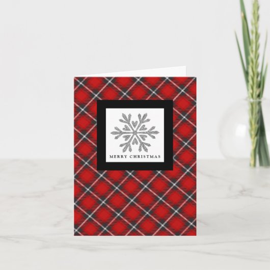 スノーフレークレッドブラックプレイドフォトクリスマスカード シーズンカード (正面)
