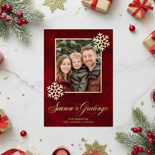 スノーフレークレッドベルベットフォト季節のごあいさつ 箔シーズンカード