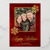 スノーフレークレッドベルベット写真ハッピーホリデー 箔シーズンカード (正面)