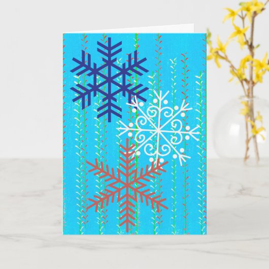 スノーフレークレトロスタイルインブルークリスマスカード カード (黄色い花)