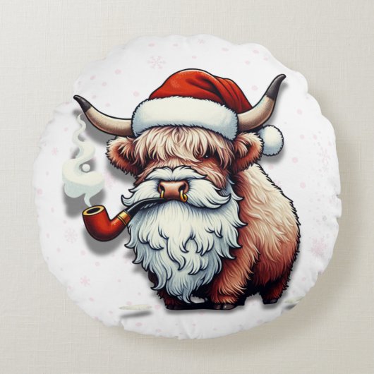 スノーフレーク付きハイランドカウサンタ – 素朴Decor ラウンドクッション (正面)