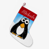 スノーフレーク付き可愛いペンギン青い空キッズアニメ スモールクリスマスストッキング (正面 (吊り時))