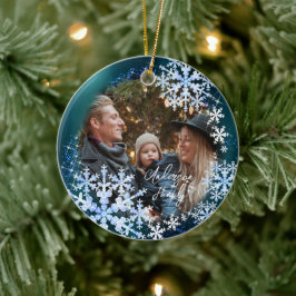スノーフレーク写真ターコイズ セラミックオーナメント