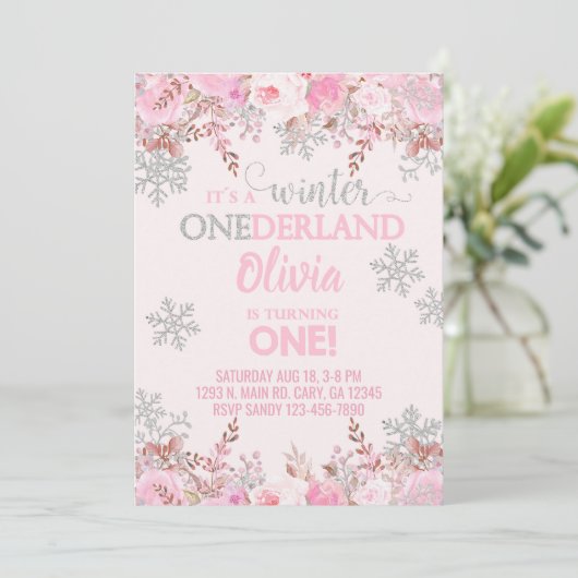 スノーフレーク冬の女の子1st最初の誕生日招待状。 招待状 (スタンド正面)
