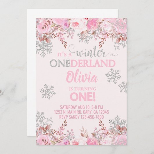 スノーフレーク冬の女の子1st最初の誕生日招待状。 招待状 (正面/裏面)