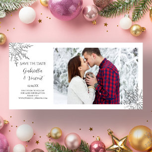 スノーフレーク冬の結婚式の日付の写真カードを保存 セーブザデート