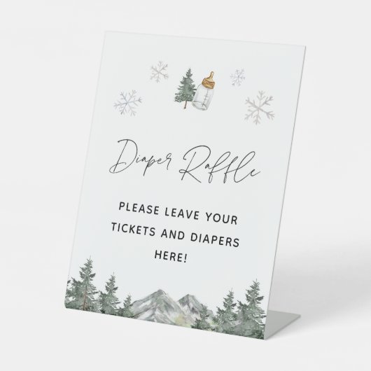 スノーフレーク冬の赤ちゃんシャワーおむつラッフルサイン 台座サイン (正面)