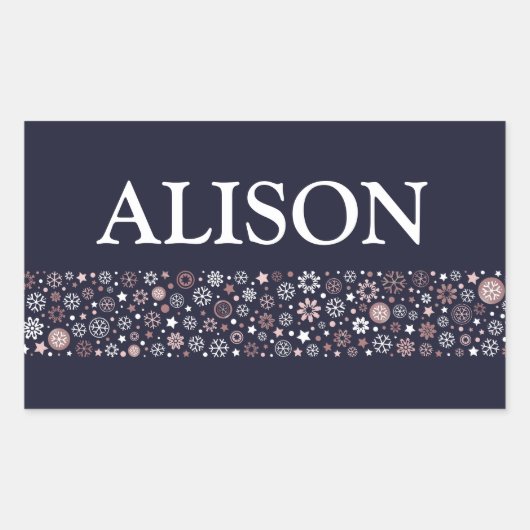 スノーフレーク冬の青の白とピンクの名前文字 長方形シール (正面)