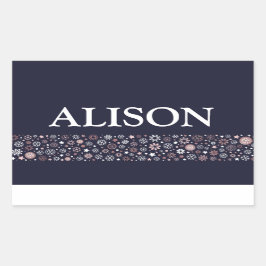 スノーフレーク冬の青の白とピンクの名前文字 長方形シール