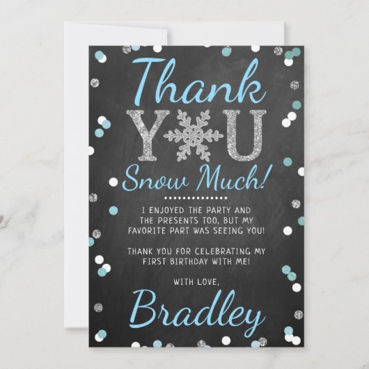 スノーフレーク冬の黒板の最初の誕生日 サンキューカード (正面)