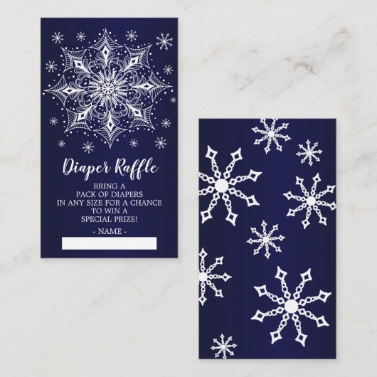 スノーフレーク冬ベビーシャワーおむつラッフルチケット エンクロージャーカード (正面/裏面)