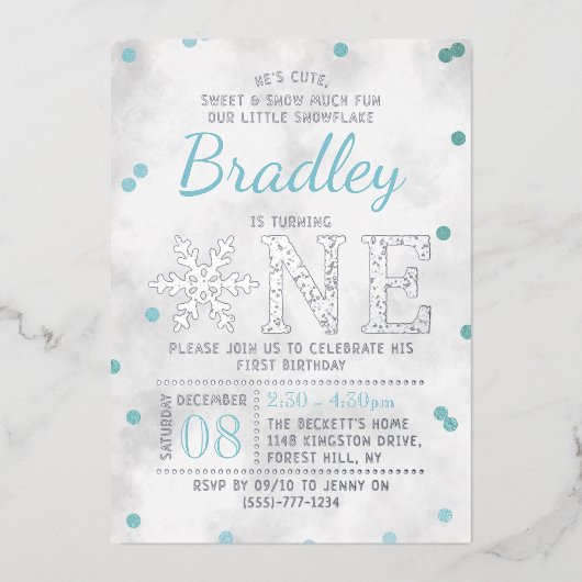 スノーフレーク冬1歳の誕生日実在 箔招待状 (正面)